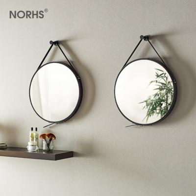 China Product High Quality Home Living Room Leather Belt Bright Black Wall Hanging Around Decorated Mirror for sale