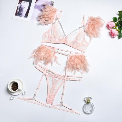 China Breathable Popular Intricate Three-piece Set Feather Lace Chain Metal Craft Bra Panties Sexy Fancy Set Underwear for sale