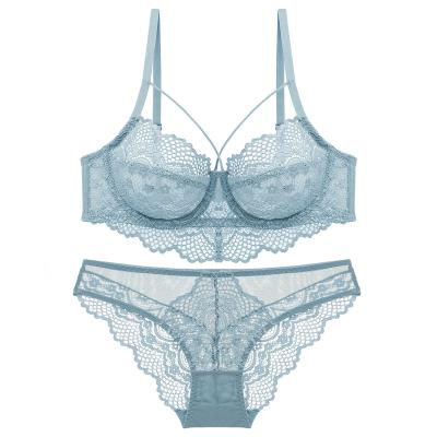 China Underwire Breathable Soft Lace Custom Sexy Women Lace Up Bra And Panty Sets for sale