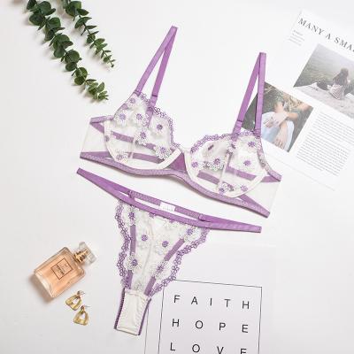 China New Women's Clothing Small Daisy Breathable Mesh Embroidery Transparent Cavity With Steel Ring Pump Underwear Set for sale