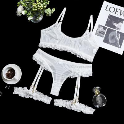 China Women's Breathable Fashion Embroidered Mesh Strap Comfortable Thin Underwear Three-Piece Set for sale