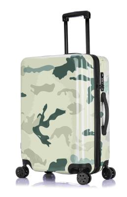 China ABS bagageset 3 stukken set met camouflage pc-printing, ingebouwd vliegtuigwiel duurzaam TSA slot aluminium trolley Te koop