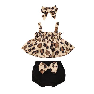 China Breathable Leopard Suspender Top Bow Headband Girls Clothing Solid Color Shorts Three Piece Set Kids Clothes for sale