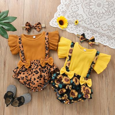 China 2021 Kids Clothing Summer Girl Costume Breathable Flight Sheath Pit Strip Top Suspender Shorts Headband 3PCS Baby Set Sunflower Leopard for sale