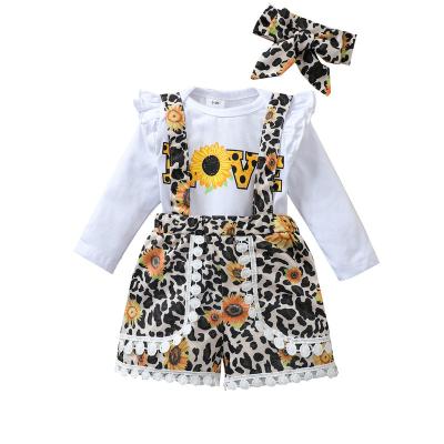 China Aliexpress Spring Autumn Long Sleeve Letter Sunflower T-shirt Leopard Print Tassel Headband 3Pcs Overalls Breathable 2021 Babies Set for sale