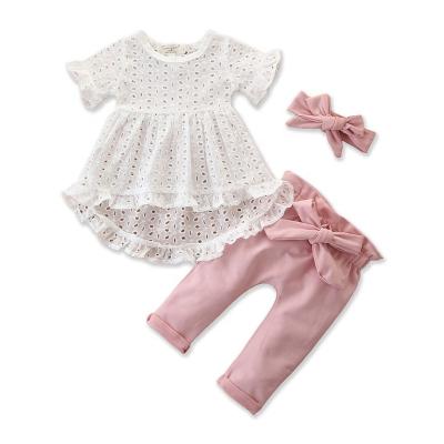 China 2021 Summer Breathable Outfit Infant Girls Clothes Fashion Solid Color Short Sleeve T-shirt Pants Headband 3PCS White Baby Clothing Sets for sale