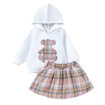 China 2022 Breathable New Autumn Children Outfits Long Sleeve Bear Embroidery Casual Hoodie Mini Plaid Skirt 2PCS Spring Set Baby Clothes for sale