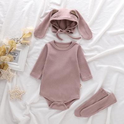 China Polyester/Cotton Girls Boys Long Sleeve 2021 Spring Autumn Round Collar Rabbit Ears Bag Cute Fart Clothes Romper Baby Crawling Suit for sale