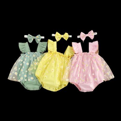 China Polyester/Cotton 2021 Lovely Soft Newborn Infant Rompers Kids Lace Up To Ruffle Floral Romper Overalls Headband Outfit Suit Babies Clothes for sale