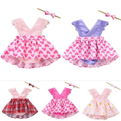 China 2021 Polyester/Cotton Toddler Kids Girls Clothing Set Summer Dress Lace Up Floral Princess Sleeveless Baby Romper Sunflowers V-Neck Headbands 2PCS for sale