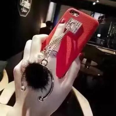 China PU Drill Metal Buckle Pearl Small Hairball Chain Strap Cell Phone Case Cover for iPhone 7 6s Plus for sale