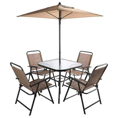 China Modern Patio 6pcs Folding Chair Set With Umbrella Coffee Table With Round Glass Top for sale