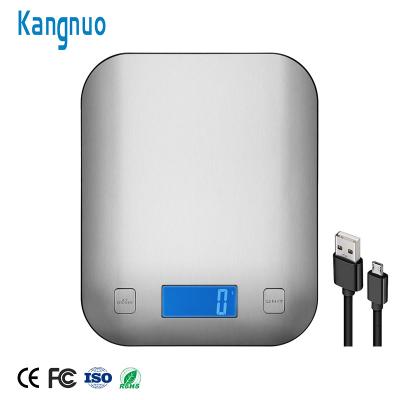 China Weight Measuring Stainless Steel Square USB Charging 5Kg 15Kg Digital Kitchen Food Scale for sale