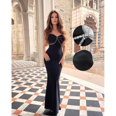 China 2021 New Anti-Wrinkle V-Neck Dresses Diamond Women's Long Mesh Neck Dresses Sexy Black Sleeveless Strap Elegant Party For Women Luxury Evening Dress for sale