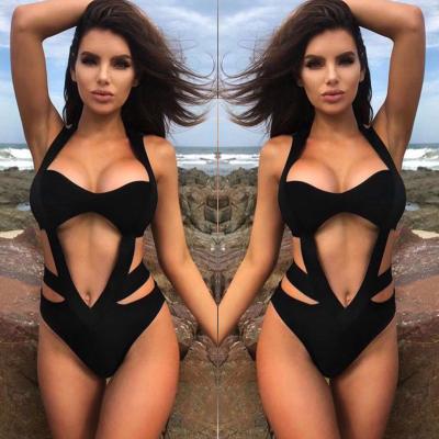 China Breathable Breathable Custom Design Sexy Women Summer Bikini Swimwear Girls Black One Piece Halterneck Swimsuit Jumpsuit for sale