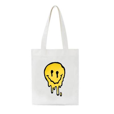 China Hot Selling Folding Smile Face Shopping Bag Cotton Canvas Women's Totes Shoulder Bag Canvas Shoulder Tote Bags for sale