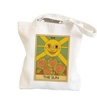 China Sun Moon Tarot Cotton Canvas Folding Tote Bags With Custom Printed Logo Canvas Shopper Bag Lady Shoulder Bag for sale