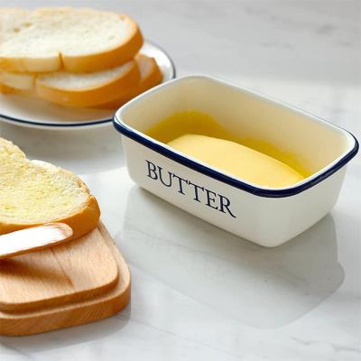 China Sustainable Customized Logo Printing White And Blue Rim Metal Enamel Butter Dish With Wooden Lid for sale