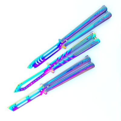 China New Screw Release Style Folding Knife Butterfly Training Knife With Rainbow Titanium Stainless Steel Training Tool for sale