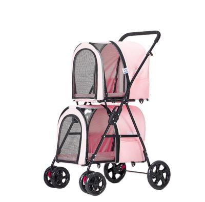 China Sustainable Fold 4 Wheels Easy Large Dog Stroller Double Cabin Travel Cart for sale