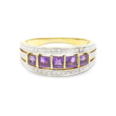 China Yellow Gold 5 Stones Amethyst 18K 14K 9K PS CLASSIC Rhodium Plated Ring Anniversary Engagement Gift For Women for sale