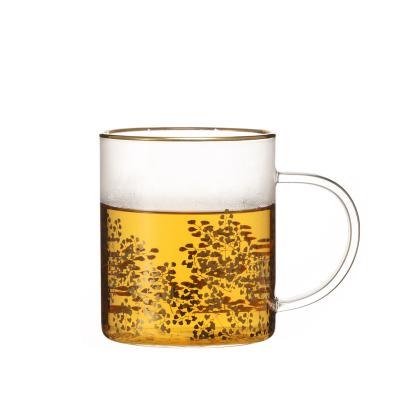 China High Temperature Resistance Mouth Blown Single Wall Glass Mug With Handle And Gold Decal For Tea And Coffee for sale