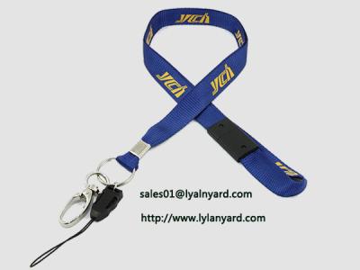 China Silk Screen Yellow Print Removable Safety Clasp Blue Neck Lanyard with Metal Split Ring for sale