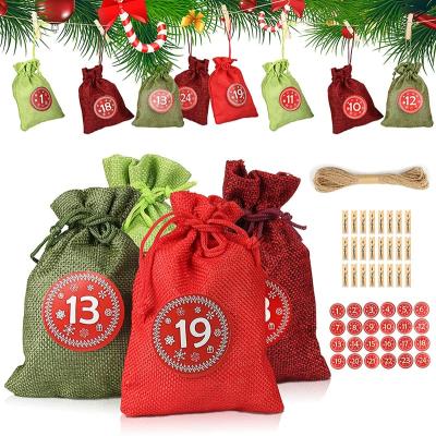 China Handmade Christmas Advent Calendar Bags 24 Days Countdown Burlap Gift Pouches DIY Festival Candy Fill Bags for Xmas Home Decor for sale