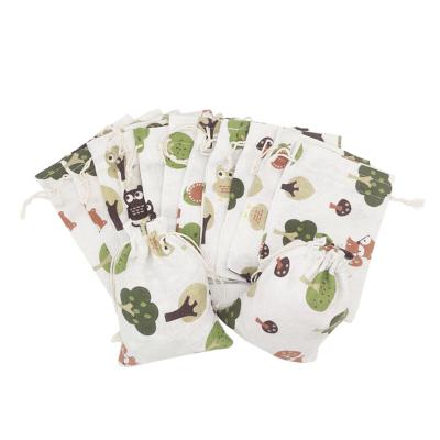 China Wedding Gift Recyclable Pouch Cotton Canvas Storage Handmade Package With Drawstring Forest Elements Party Bag for sale