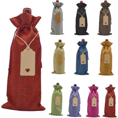 China Luxury Burlap Wine Gift Bag, Pack of 10, Burlap Wine Bottle Bag with Drawstring and Label, Reusable Wine Bottle Sleeve for sale