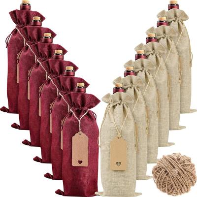 China Luxury Cheap Burlap Drawstring Wine Gift Bag Burlap 12 Pack Tag Wine Bottle Bag Burlap Wine Gift Bags for sale