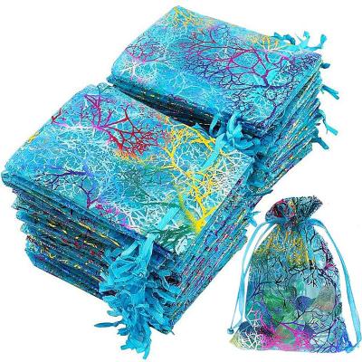 China Wholesale Recylable Organza Bags 9x12 cm Coral Pattern Organza Colorful Drawstring Bags for Wedding, Jewelry, Candy Sachet for sale