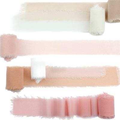 China Nude Pink Double Face Fringe Handmade Chiffon Ribbon Set 1.5 Inch Colorful Rustic Ribbon 3 Yard Silk Like Ribbon For Bouquets Wrapping for sale