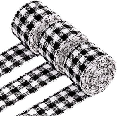 China 3 Floral Rolls Wired Edge Ribbons 1 inch Buffalo Plaid Ribbon Vintage Farmhouse Craft Black White Ribbon for Christmas Decoration for sale