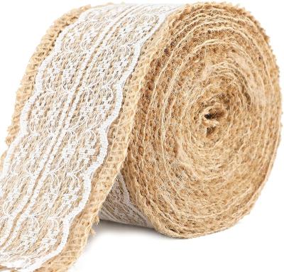 China 2 Yards Floral Hessian Burlap Rolls With Lace Rustic Vintage DIY Ornament Burlap Home Decor Birthday Wedding Party for sale