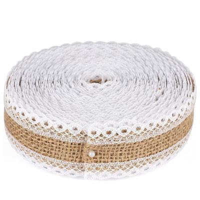 China Floral Hessian Burlap Ribbon, 10 Meters Natural Fringe Tape with Lace for Vintage/Craft Rustic Themed Wedding - 2.5CM Hessian Burlap Ribbon for sale