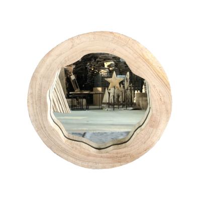 China Decorative Antique Wholesale Rustic Wooden Frame Round Wall Mirror With Shelf Personal Wooden Mirror for sale