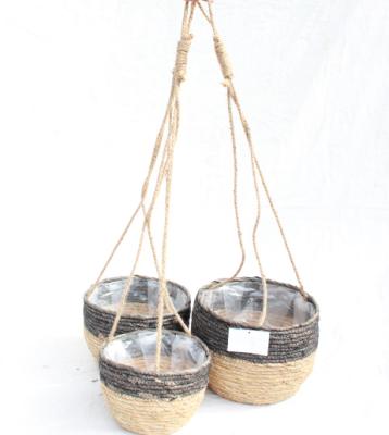 China Garden Decoration Green Plant Basket Cornleaf Woven Rattan Flower Basket Sustainable Potted Hanging Set for sale