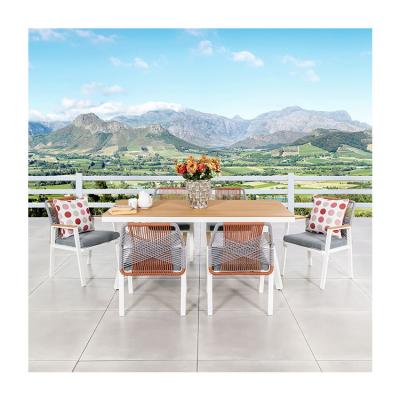 China Muebles de comedor de jardín de metal con silla de comedor de tejido de cuerda con 6 asientos en venta