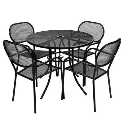 China Outdoor Bistro Cafe Tuin Hof Terras Metalen ijzeren ronde tafels en stoelen met paraplu gat in modern design Te koop