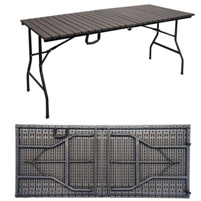 China Metal Outdoor Foldable Portable Wood Grain HDPE Plastic Folding Beer Picnic Dining Table for sale