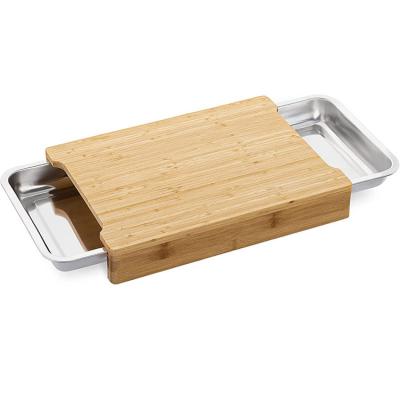 China Sustainable Classification Bamboo Storage Chopper Drawer Wooden Bamboo Cutting Board With 2 Stainless Steel Basin for sale