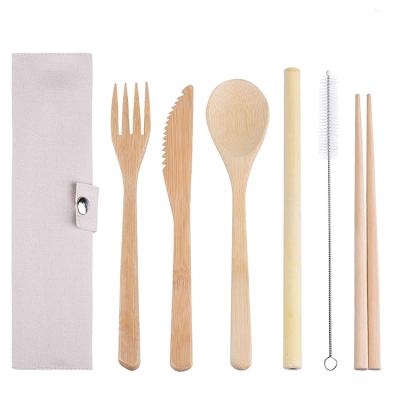 China Sustainable Outdoor Convenient Travel Bamboo Cutlery 6 Piece Set Include Chopsticks Spoon and Linen Bag for sale