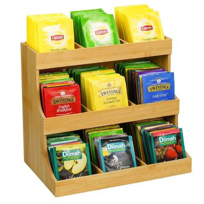 China Sustainable Wooden Bamboo Tea Bag Organizer 3 Tier Compartment Coffee Organizer Multi Coffee Tea Bags Storage Box for sale