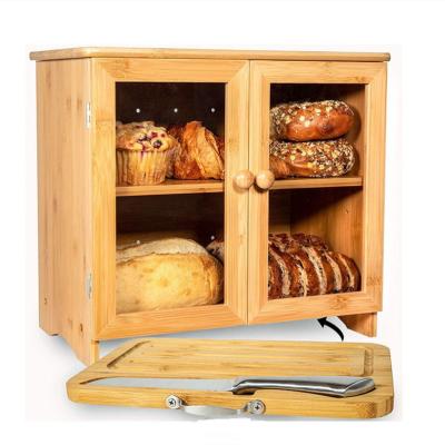 China Sustainable Custom Cabinet 2 Tier Vintage Large Capacity Bread Box Bamboo Wood With Clear Glass Window And Cutting Board for sale