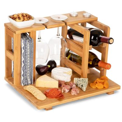 China Custom Multifunctional Natural Bamboo Wooden Cutting Board Viable Wine Rack Cheese Board Set With Ceramic Dish Cheese Knife Set for sale