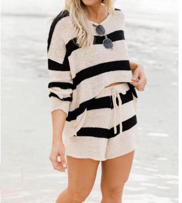 China High Quality QUICK DRY Striped Pattern Sleeveless Tank Summer Matching Sweater Knit and Shorts Set Women Sweater Suit Pants Two Piece Set for sale