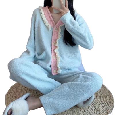 China QUICK DRY scrambled sets for women Korea ladies knit sleepwear lounge wear pajamas pijama color contrast pocket cardigan serrated patchwork for sale