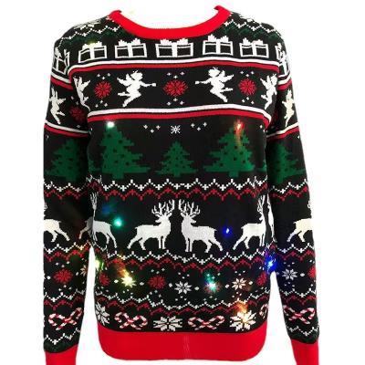 China Anti-wrinkle OEM Christmas clothes for men custom lighted jacquard Christmas tree deer Christmas sweater Shantou sweater factories for sale