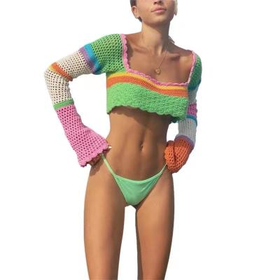 China Anti-wrinkle Y2k Long Sleeve Knit Crop Top Color Block Casual Crochet Cropped Sweater Tops Square Neck Knitwear Sweater Beach Blanket for sale